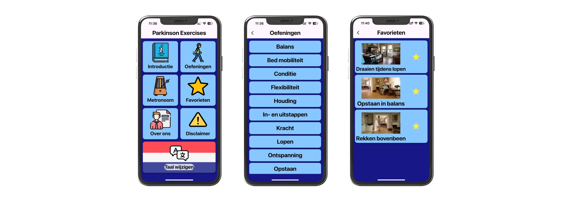 parkinson oefeningen app schermen hoofdmenu oefeningenoverzicht favorieten